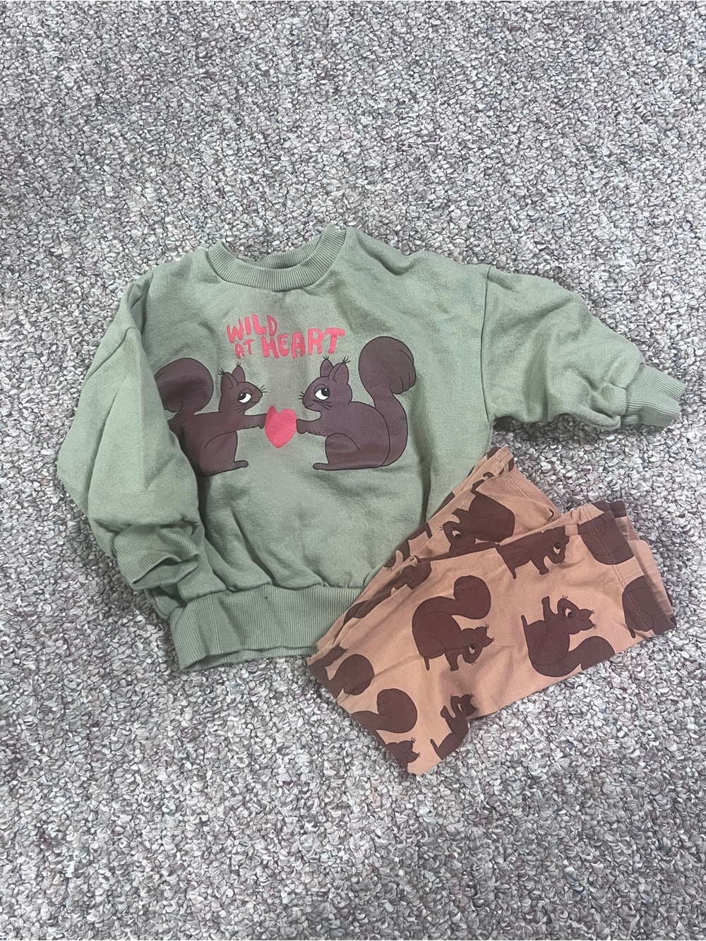 Mini Rodini Green Squirrel Heart Sweatshirt with Brown Squirrel Leggings